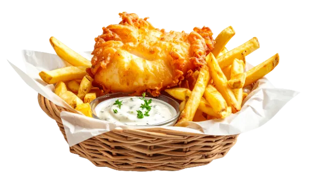 Fish and Chips in a Basket with Tartar Sauce