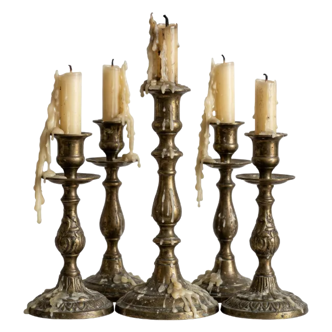 Five Antique Brass Candlesticks with Wax Drippings