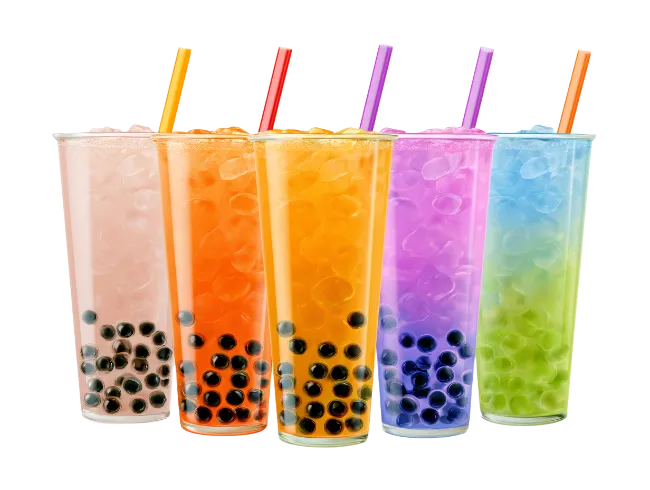 Five colorful bubble tea cups with pearls and straws