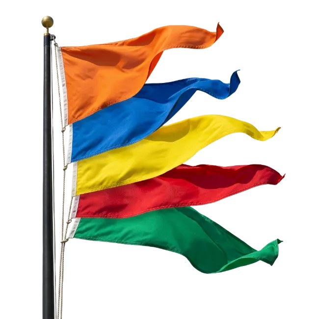 Five colorful flags waving on a flagpole