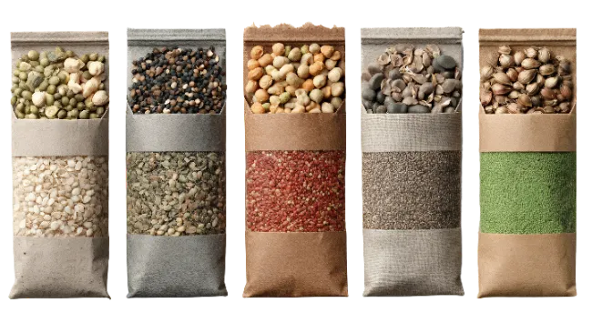 Five paper pouches filled with various seeds and grains