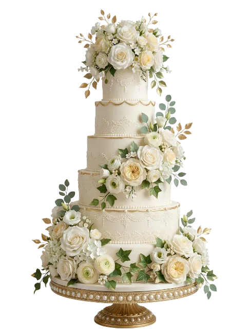 Five Tier Wedding Cake With White Flowers