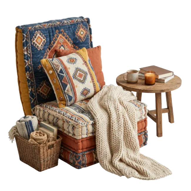 Floor Cushions and Pillow Set with Wooden Stool