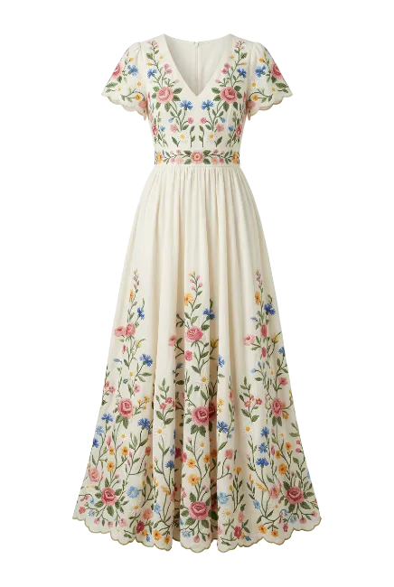 Floral Embroidered White V-Neck Dress