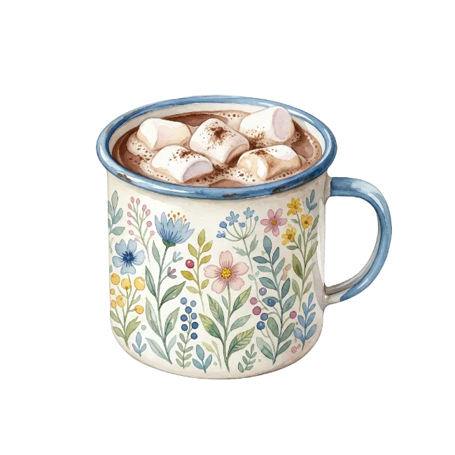Floral Enamel Mug with Hot Chocolate and Marshmallows