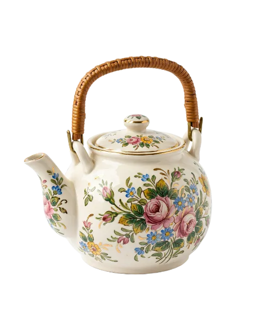 Floral Porcelain Teapot with Wicker Handle