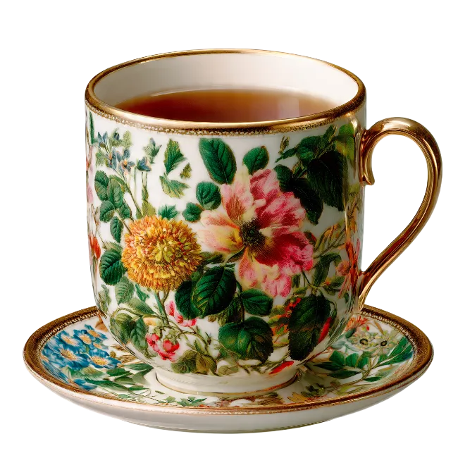 Floral Teacup and Saucer Filled with Tea