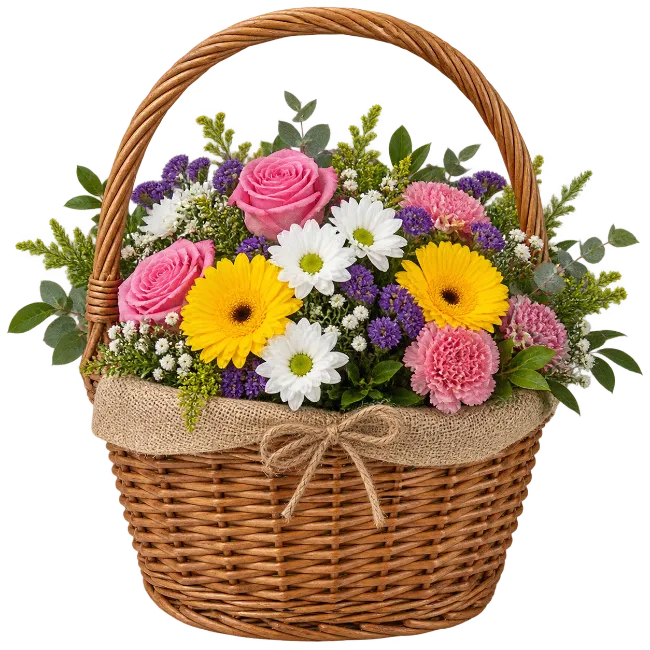 Flower Basket Arrangement with Roses and Daisies