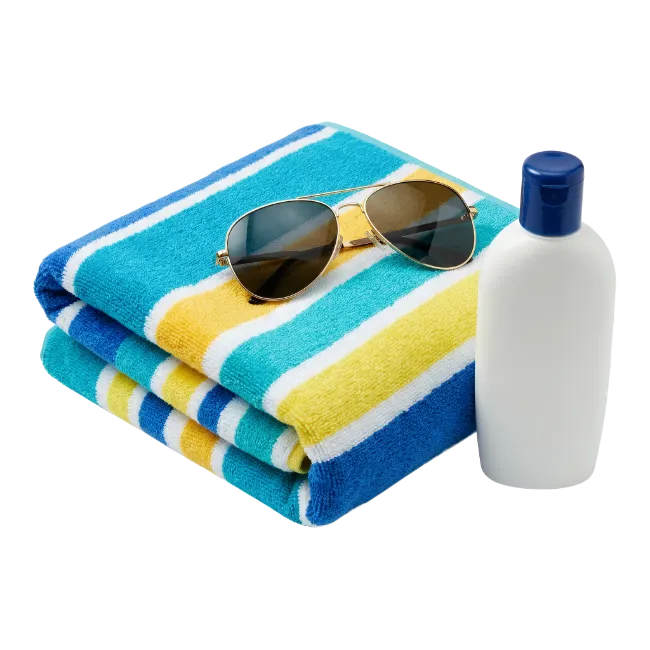 Folded Beach Towel with Sunglasses and Sunscreen Bottle