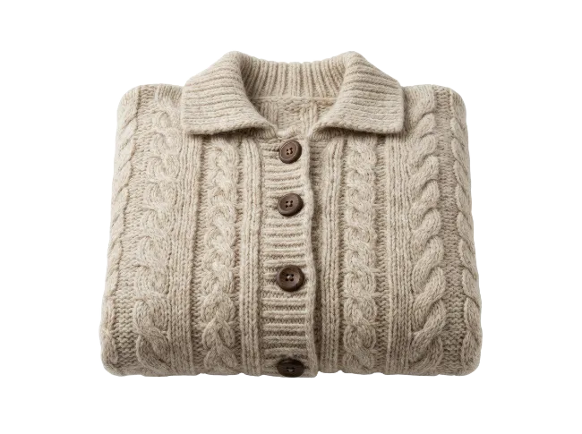 Folded Beige Cable Knit Cardigan Sweater
