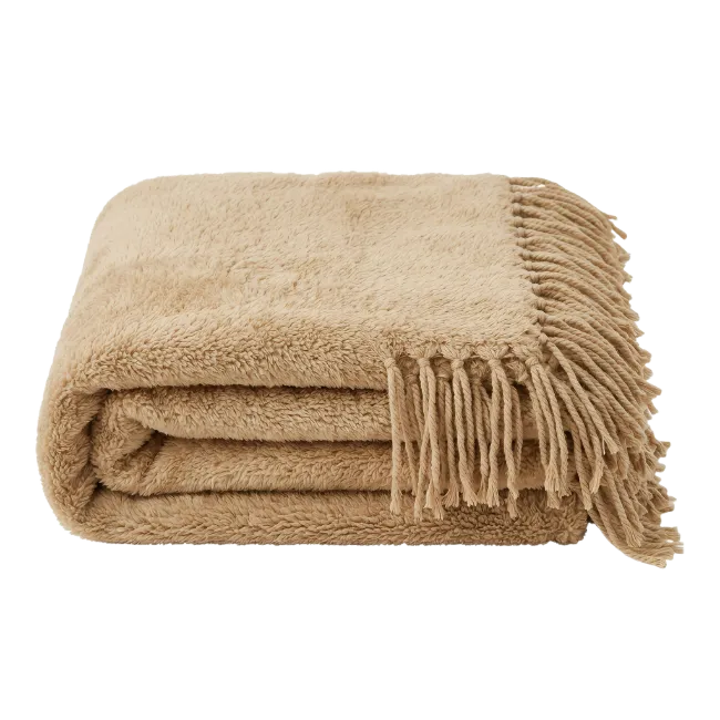 Folded Beige Plush Throw Blanket