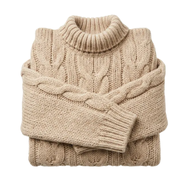 Folded Beige Turtleneck Cable Knit Sweater