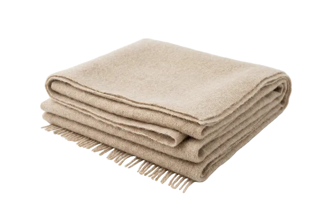 Folded Beige Wool Blanket with Fringe