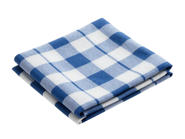 Folded blue and white checkered kitchen towel