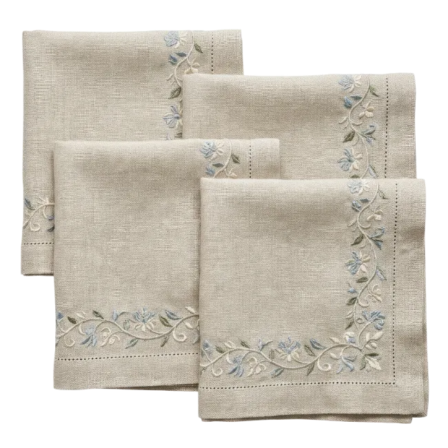 Folded Linen Napkins with Floral Embroidery