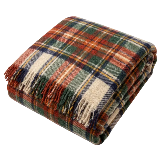 Folded Plaid Wool Blanket with Fringe