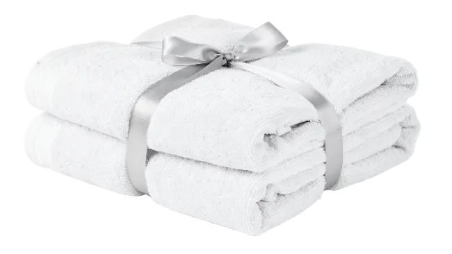 Folded White Towels Stacked with Ribbon