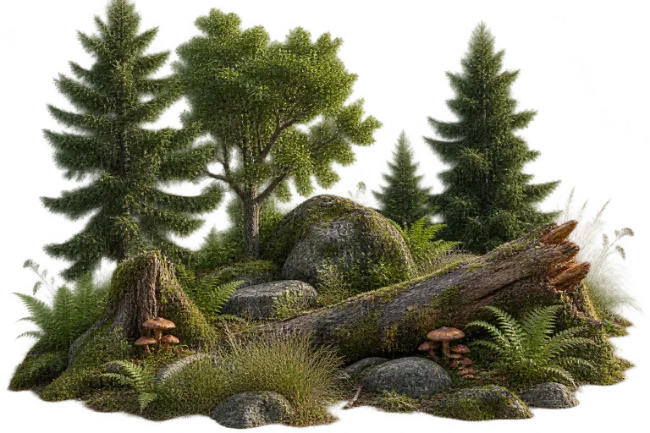 Forest Landscape with Pine Trees Rocks and Fallen Log