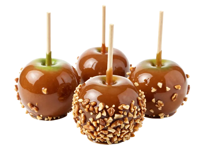 Four Caramel Apples on Sticks with Nuts