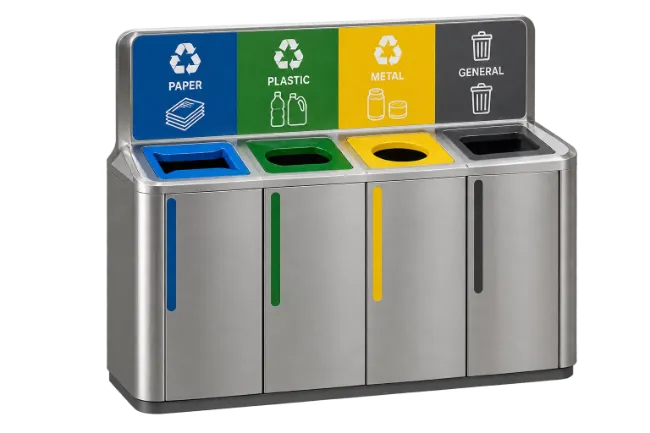 Four compartment recycling bin station for waste sorting