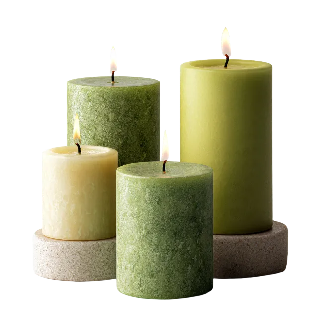 Four Green Pillar Candles Burning