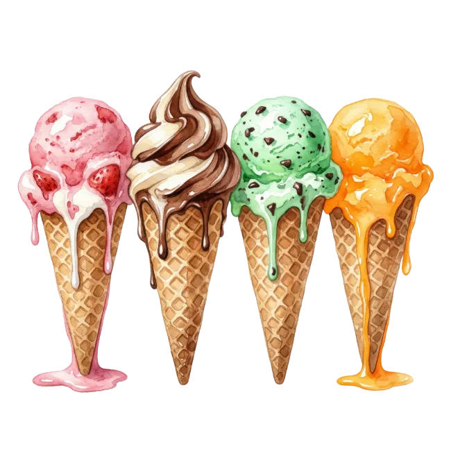 Four Ice Cream Cones with Drips