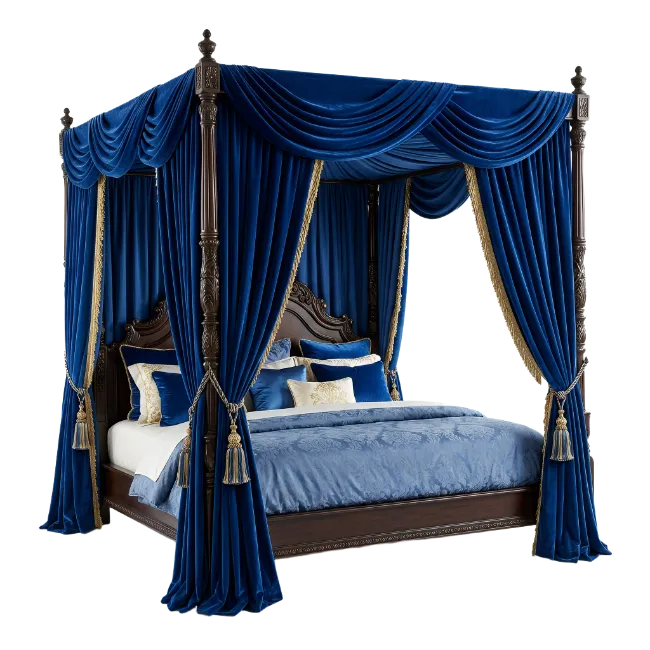 Four Poster Bed with Blue Velvet Drapes