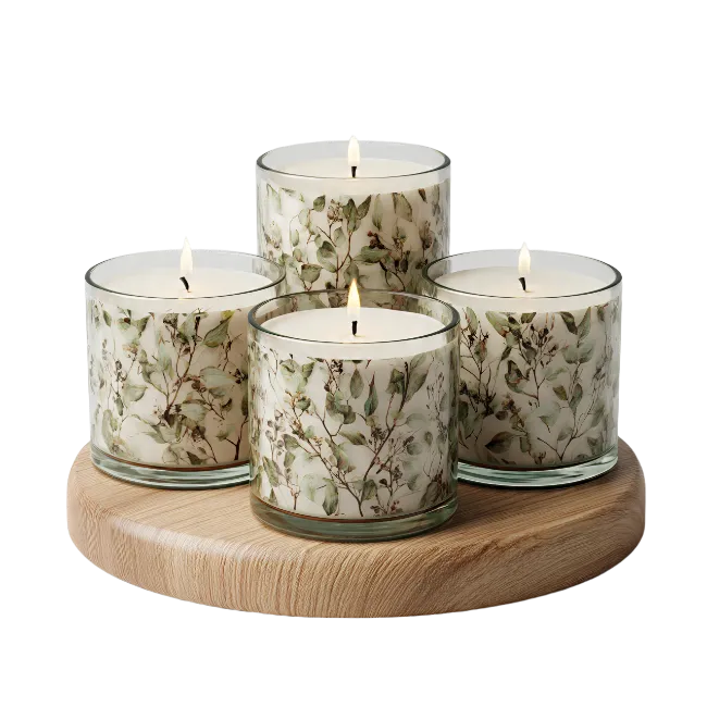 Four scented candles in glass jars on wooden tray