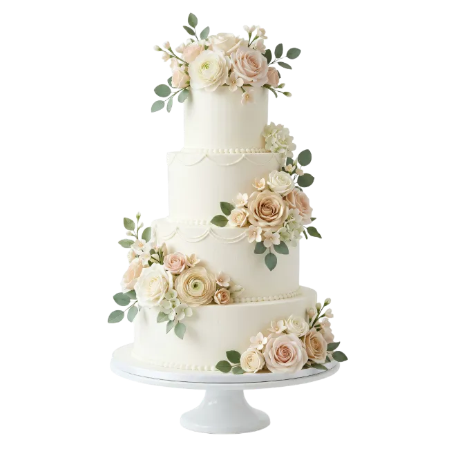 Four tier wedding cake with pastel flowers