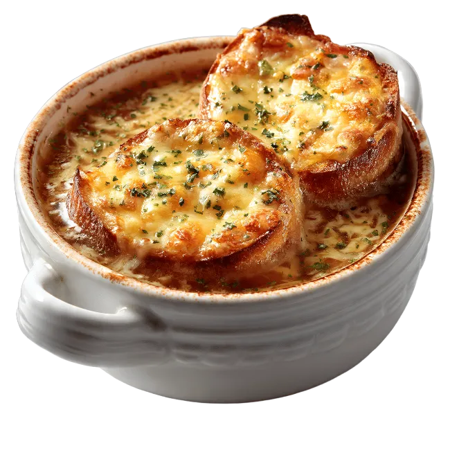 French Onion Soup in White Bowl