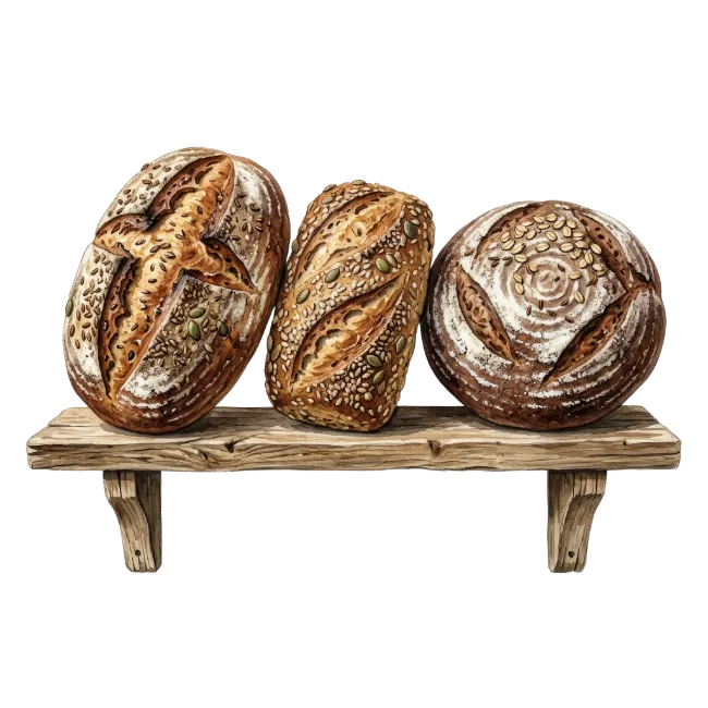 Fresh Artisan Breads on Wooden Shelf