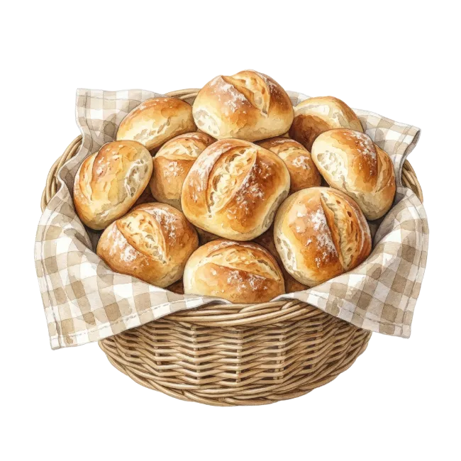 Fresh Baked Bread Rolls in Wicker Basket