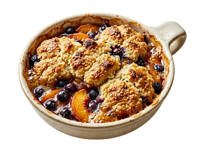 Fresh Baked Peach and Blueberry Cobbler in Ceramic Bowl