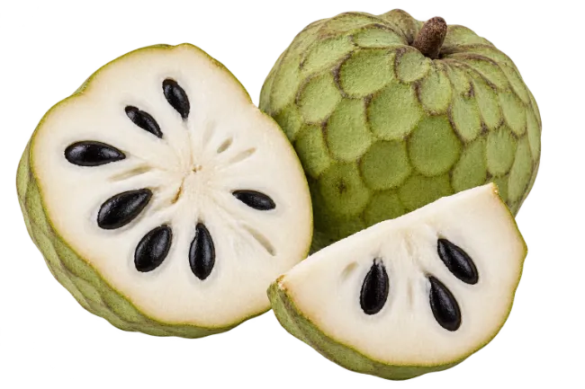 Fresh Cherimoya Fruit Cut Open with Black Seeds
