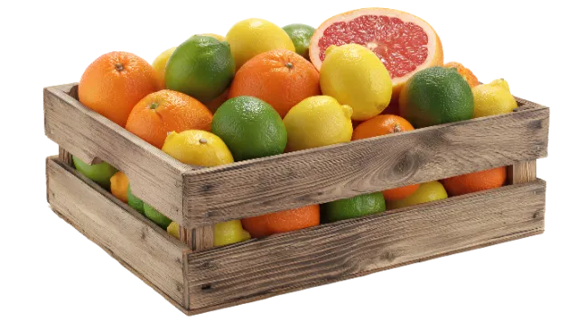 Fresh Citrus Fruits in Wooden Crate