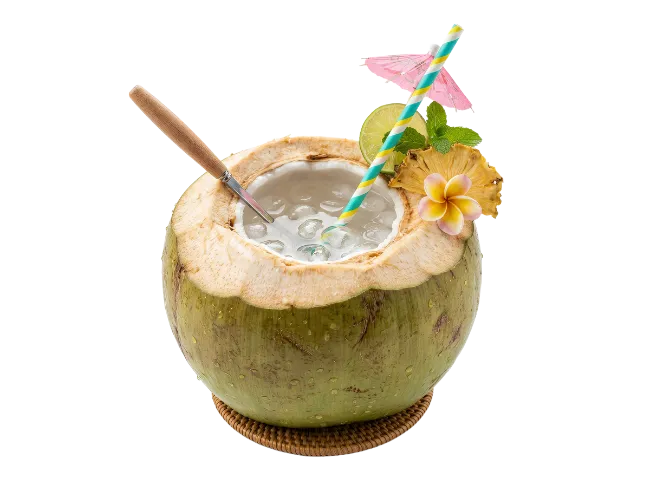 Fresh Coconut Cocktail with Straw and Pineapple Slice