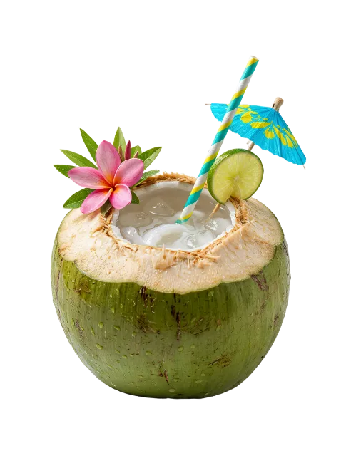 Fresh Coconut Drink with Tropical Flowers and Umbrella