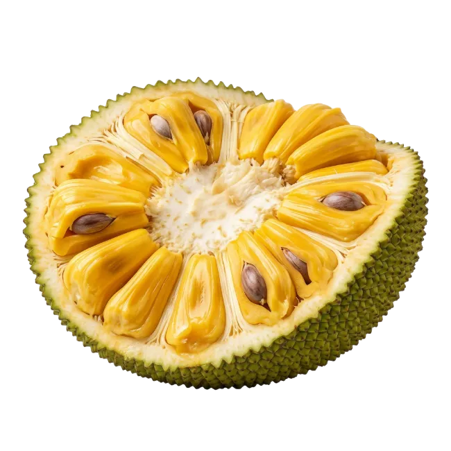 Fresh Cut Jackfruit Half Showing Bulbs and Seeds