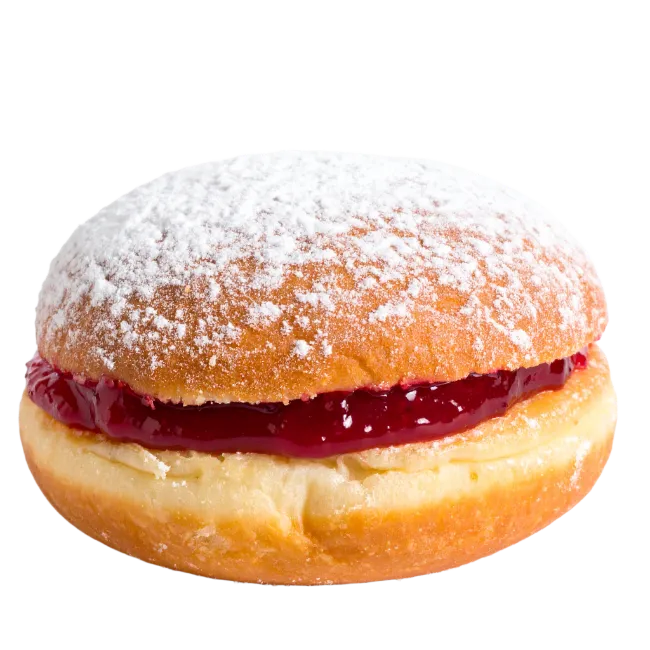 Fresh donut filled with red jam and sugar