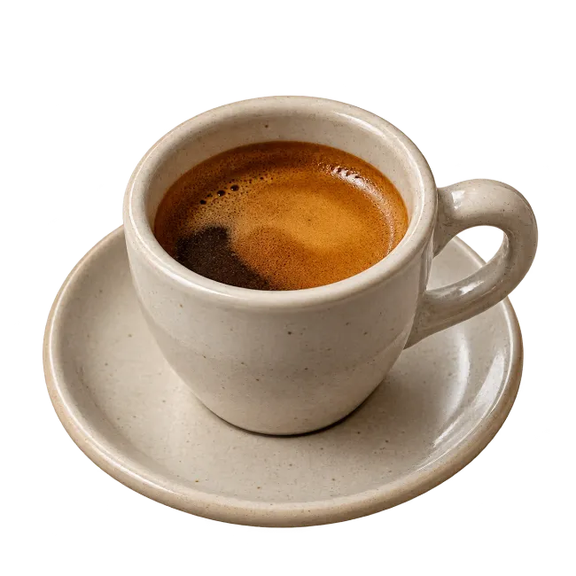 Fresh Espresso Coffee in Ceramic Cup with Saucer