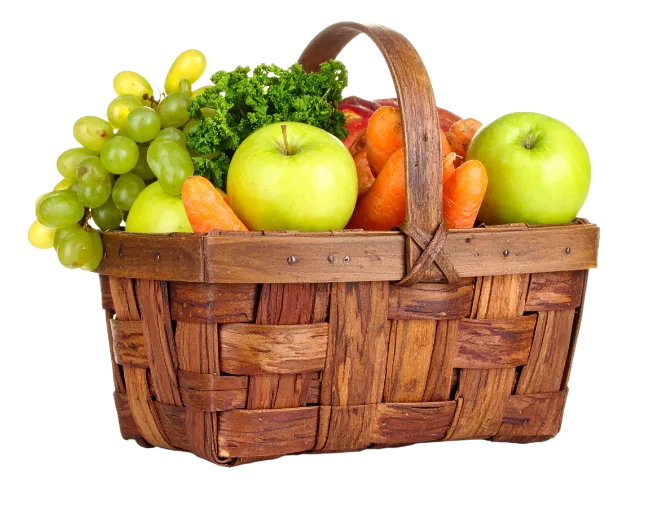 Fresh Fruits And Vegetables In Wicker Basket