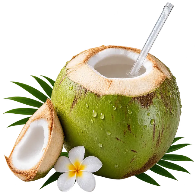 Fresh Green Coconut Drink with Straw and Plumeria Flower