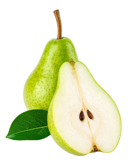 Fresh Green Pear Cut in Half with Leaf