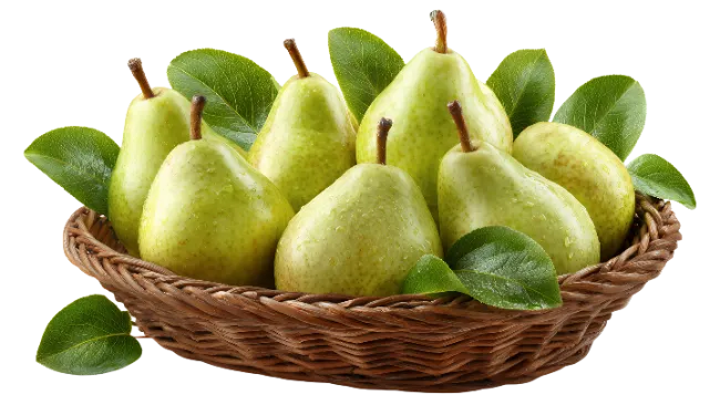 Fresh Green Pears in a Wicker Basket