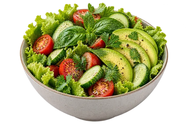 Fresh Green Salad with Sliced Avocado Cucumbers and Cherry Tomatoes