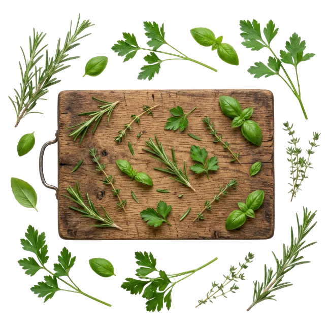 Fresh Herbs on Wooden Cutting Board
