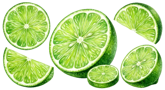 Fresh Lime Slices and Halves Watercolor Illustration