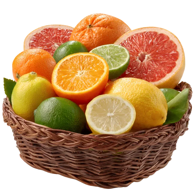 Fresh mixed citrus fruits in a woven basket