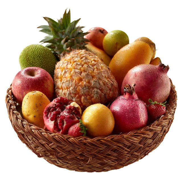 Fresh mixed fruits in a woven wicker basket