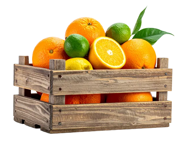 Fresh oranges and limes in wooden crate